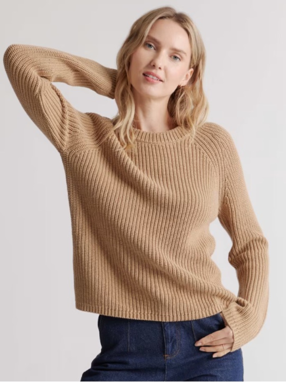 Quince LARGE 100% Organic Cotton Knit Fisherman Crew Neck Raglan Sweater Camel